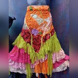 Colorful festival stevie nicks wrap lace floral boho maxi skirt S M